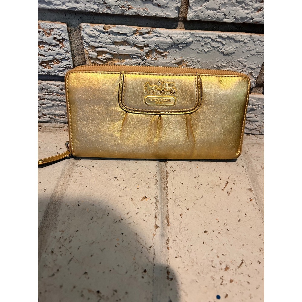 Coach Madison Metallic Gold Leather Pleated Accordion Zip Around Wallet